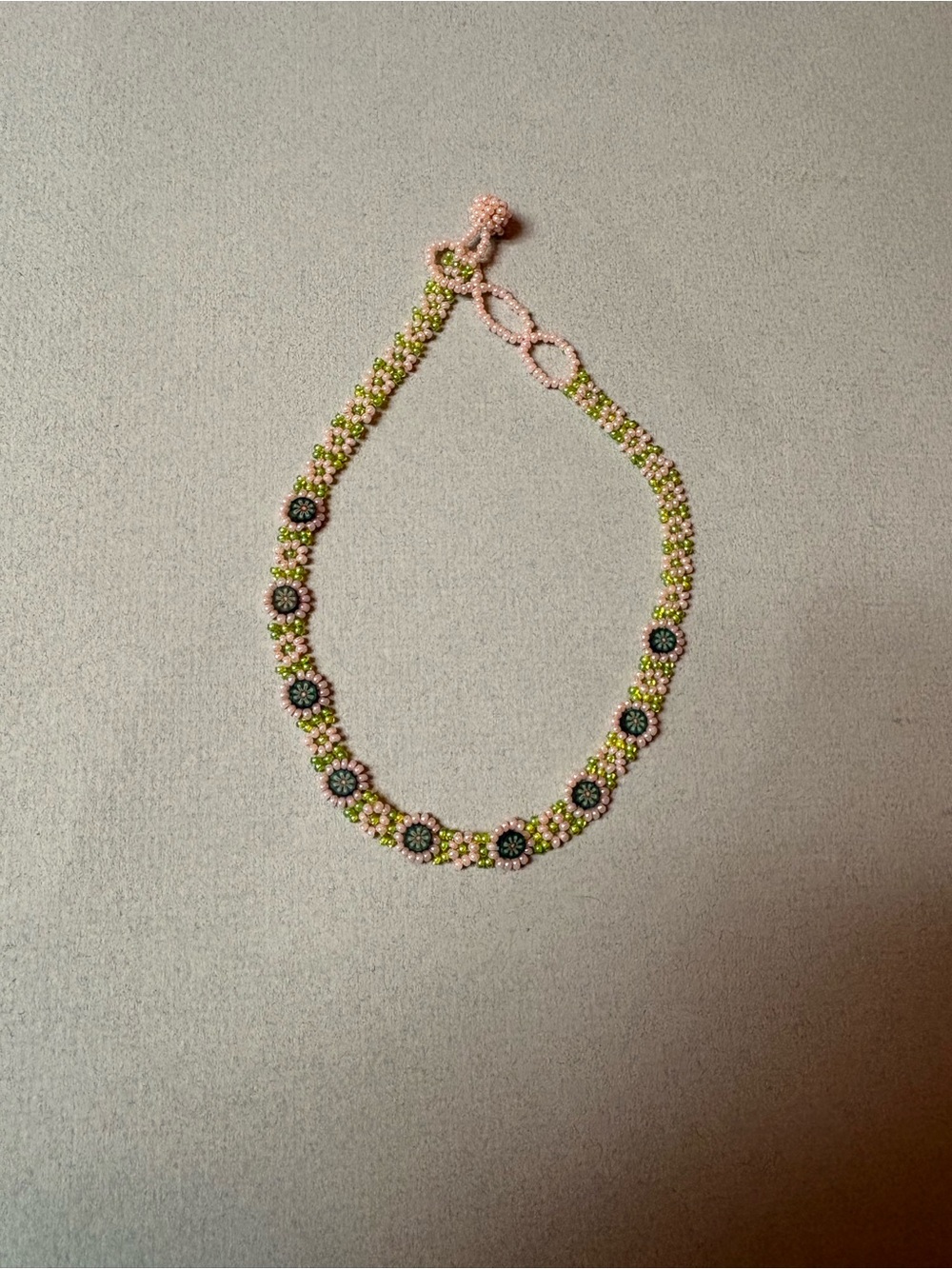 Handmade Pink and Green Beaded Floral Necklace